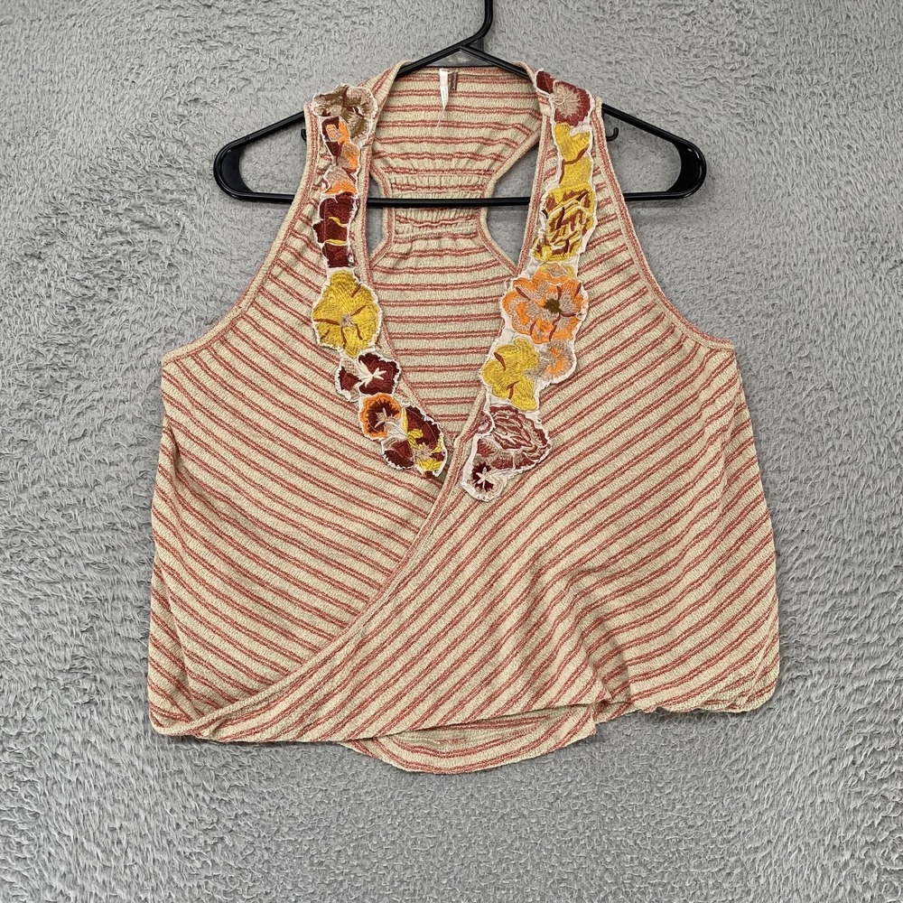 Free People Tank Womens Small Striped Embroidered Applique Beachy Boho Knit